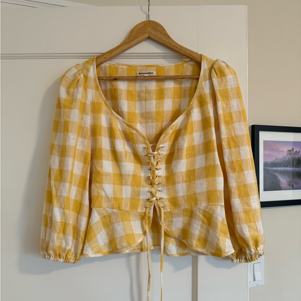 Reformation Barrett Dandelion Check Puff Sleeve Tie Up Linen Top - Size 2